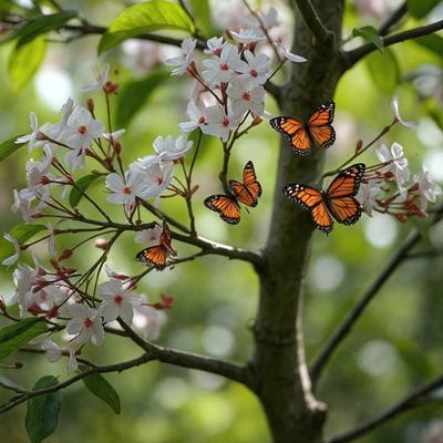 The primary subject of the image is a tree with white flowers and orange butterflies. The tree is surrounded by green leaves, creating a vibrant and lively atmosphere. The visual style of the image is a photo, capturing the beauty of the tree and the butterflies in their natural environment. The colors and mood of the image are predominantly white, orange, and green, reflecting the freshness and warmth of the scene.